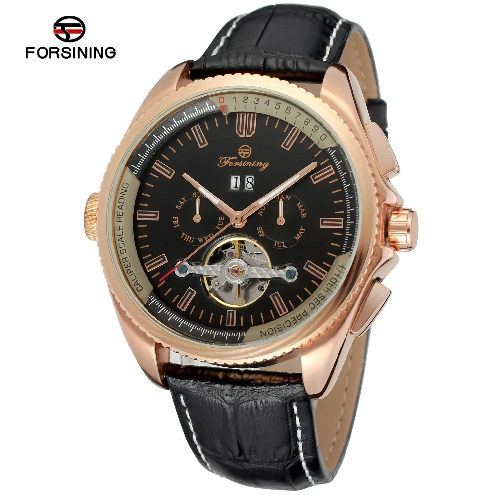 

Forsining Day/Date, Complete Calendar, Auto Date Tourbillon Feature and Genuine Leather Material Gent wrist watch