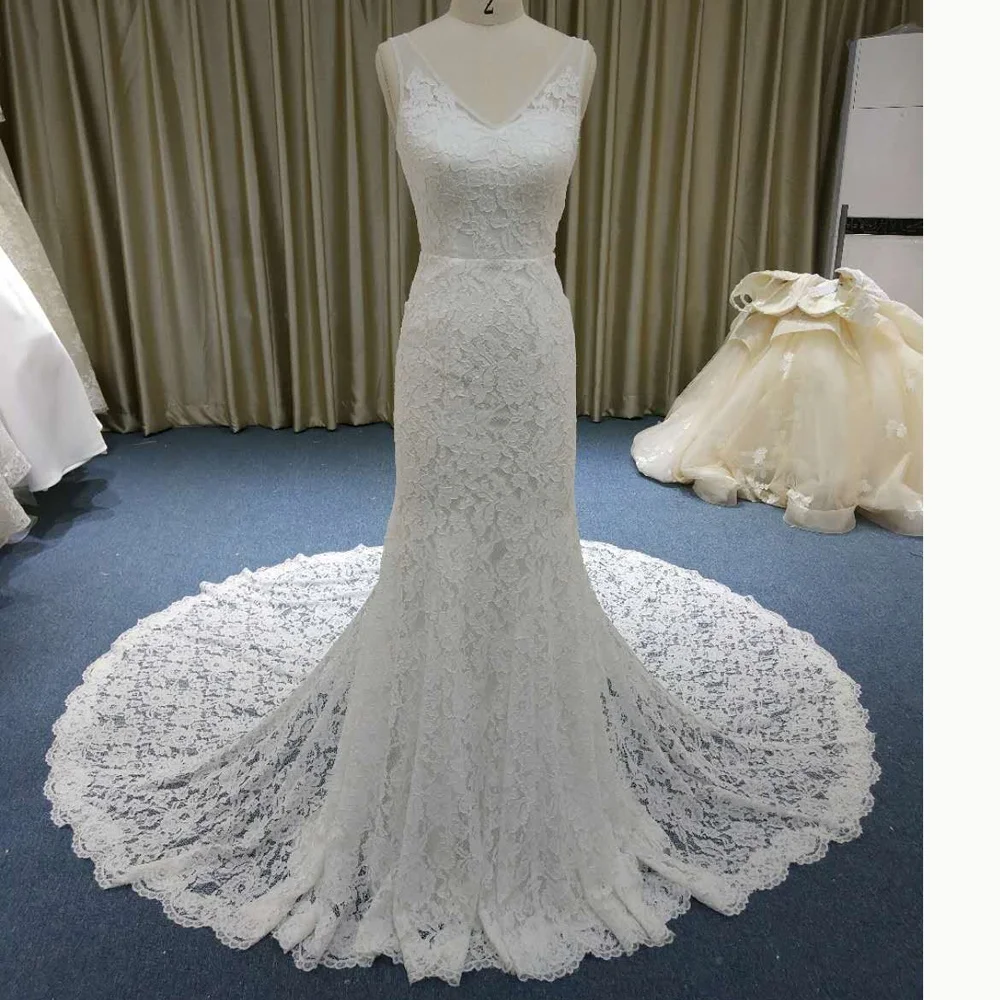 

V Neckline Mermaid Lace Wedding Dress 2019, Custom color