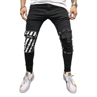 

good quality Hot selling Fashion Men's striped Skinny Jeans Destroyed Frayed Slim Fit Denim Pants Zipper