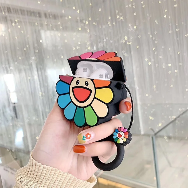 Cute Cartoon Colorful Smile Sun Flower Earphone Cases For Apple Airpods, Protect Cover with Finger Ring Strap