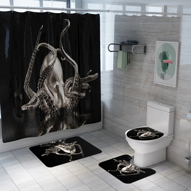 Waterproof Polyester octopus printed Luxury  bathroom rug mat sets  3 pcs Bath Mat Set  1pc Printed Shower Curtain