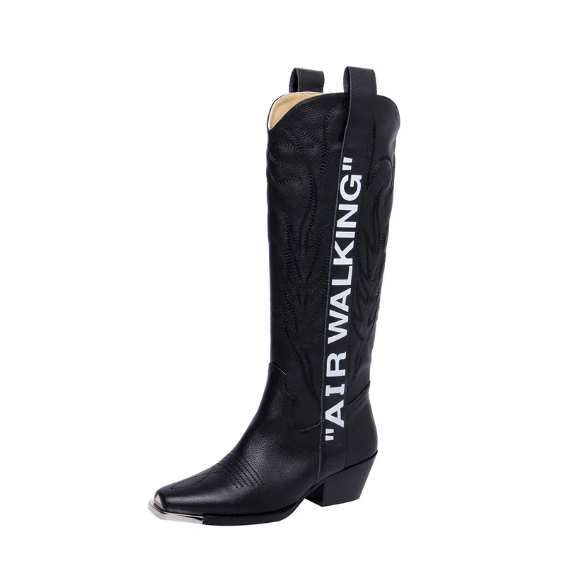 

Women Western cowboy boots Letter embroidery full grain leather thick heel trendy knee boots with iron head, Black/blue/ivory