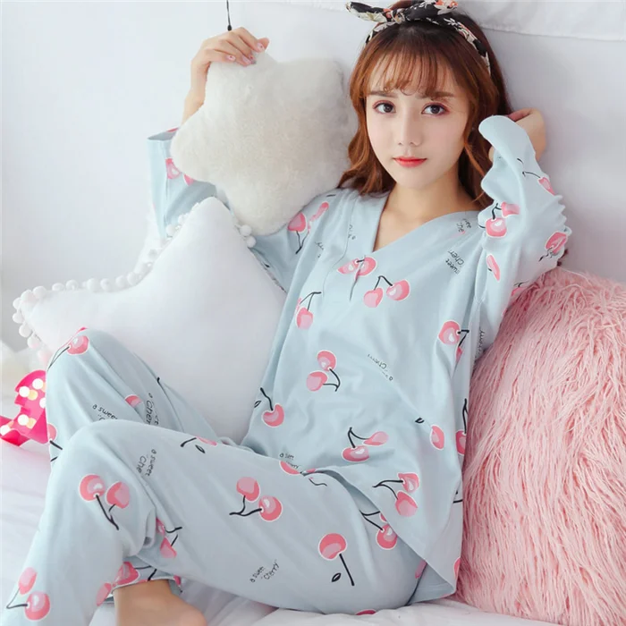 Top Quality Hot Sale Comfortable Cotton Women Pajamas Sets Long Sleeves Girl Nighty Sleepwear 