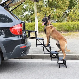 Image of Folding Car Dog Steps Stairs, Lightweight Accordion Portable Rustproof Metal Frame 4 Pet Steps Ladder with Durable Waterproof
