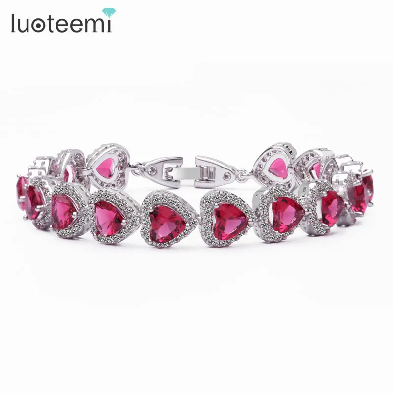

LUOTEEMI Wholesale Ruby Color Rhodium Plated Fashion Luxury Heart Shape A AA Cubic Zirconia Women Jewelry Bridal Tennis Bracelet
