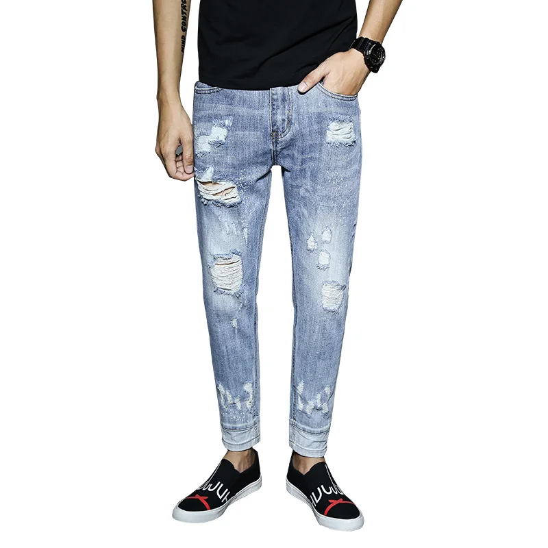 

wholesale custom fashion stretch ripped denim man branded distressed trousers skinny jeans men, Light blue