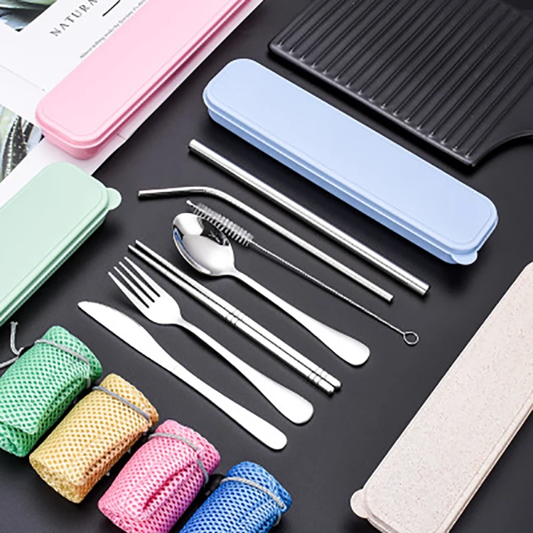 
304 Stainless steel dinner set tableware set portable travel cutlery set with wheat box 7pcs 