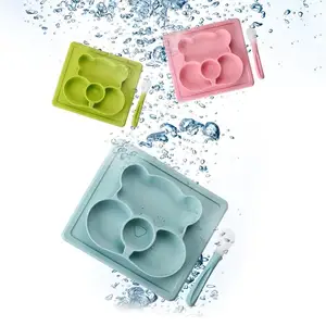 Image of Eco-friendly 100% Food Grade Safe Bear Shape Tableware Silicone Baby Suction Placemat Plate With Spoon