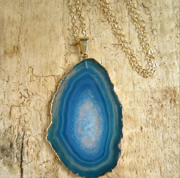 

NE2140 Fashion Turquoise Blue Agate Geode Slice pendant necklace,Fashion Chunky Necklace