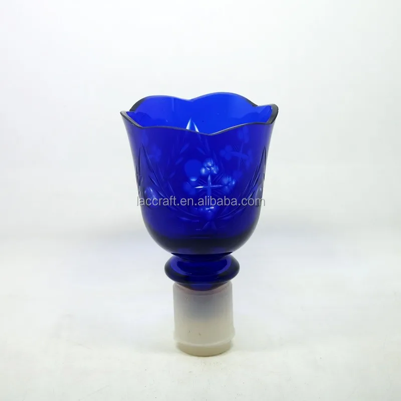Blue White Votive Glass Candle Holder With Carved Cross For Sanctuary