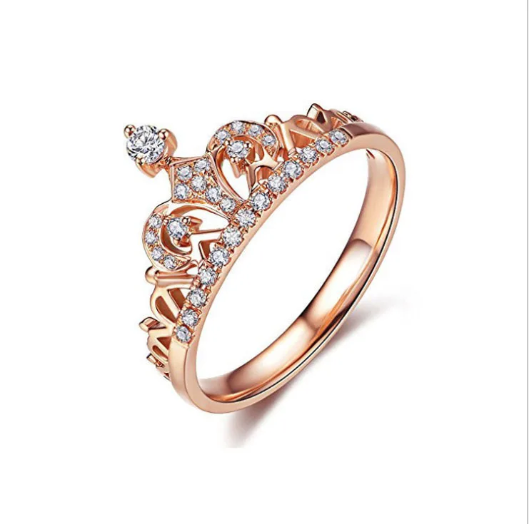 

18K Rose Gold Plated Clear Exquisite Princess Crown Tiara Design Tiny Cubic Zirconia CZ Diamond Fashion Ring, Silver;rose gold