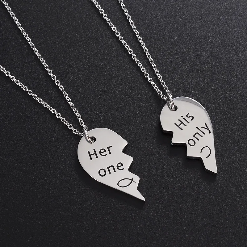 

2pcs Stainless Steel Her One His Only Engraved Letters Heart Couple Necklace