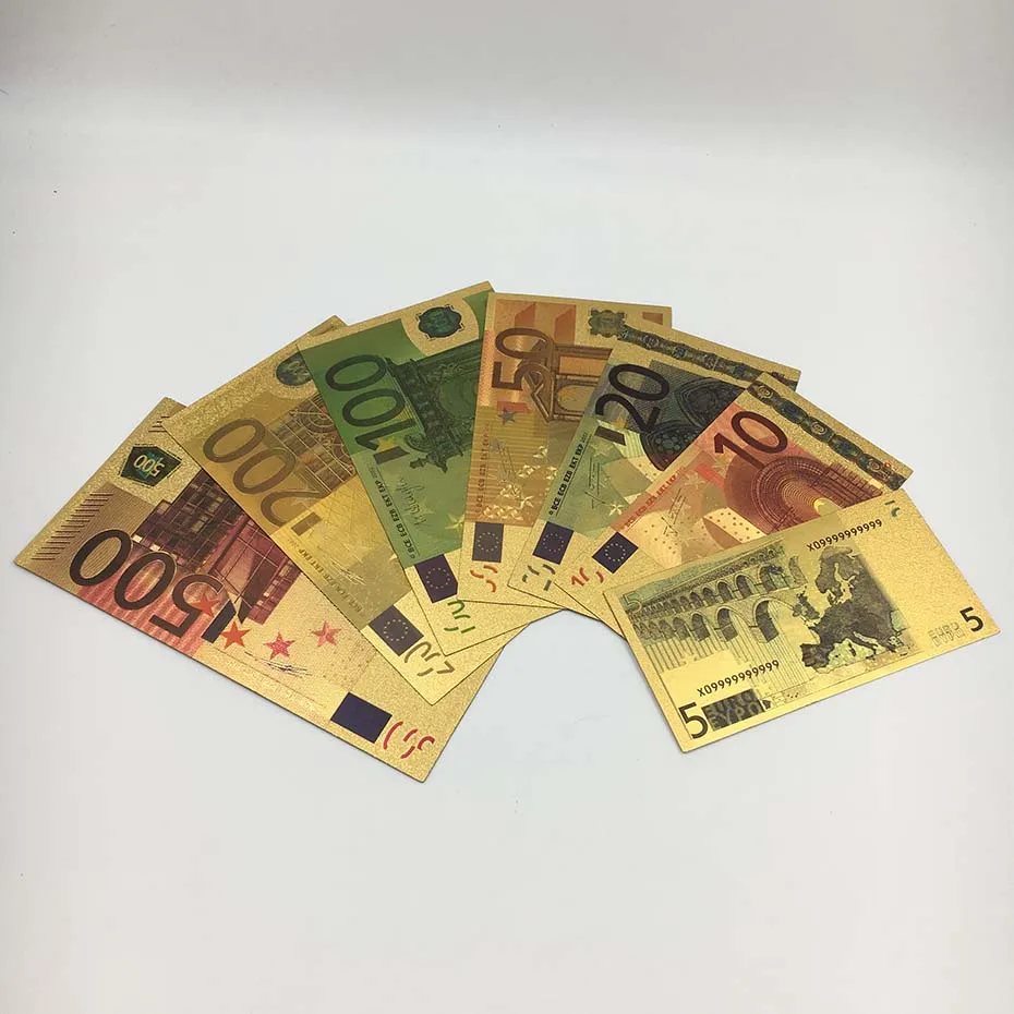 

Colored Gold Plated banknotes set 7pcs Euro 5 10 20 50 100 200 500 for valuable collection gifts