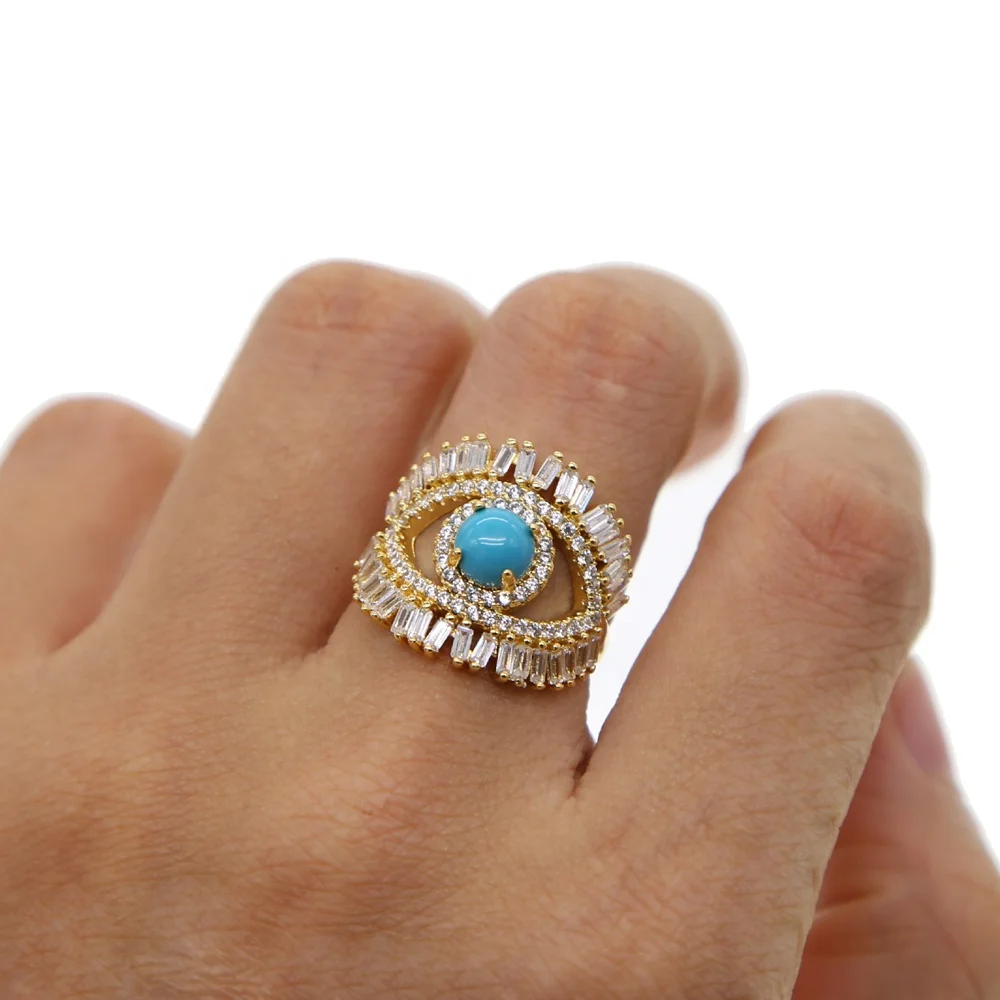 

new styles us size 6 7 8 eye shape rings in gold filled with cz turquoise stone paved wedding band rings for women lady