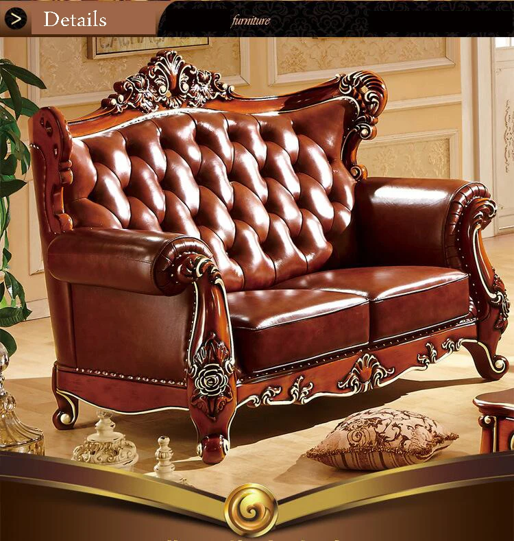 high quality European antique living room sofa furniture genuine leather set p10302