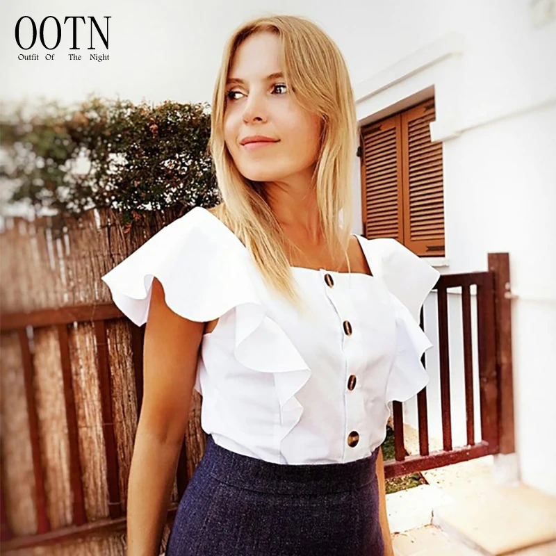 

OOTN Square Collar Button Down Tee New 2019 Female Sleeveless Chic Tops Summer Casual Ruffled Tunic Shirt White Tank Tops Women