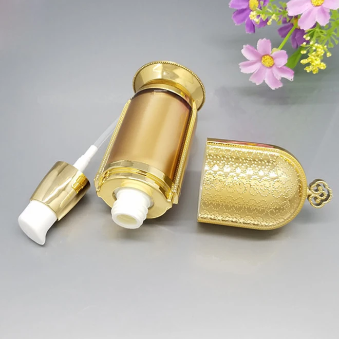 Wholesale 120ml 4oz gold high grade cosmetic empty crown plastic Acrylic bottle with base for Treatment Lotion packaging