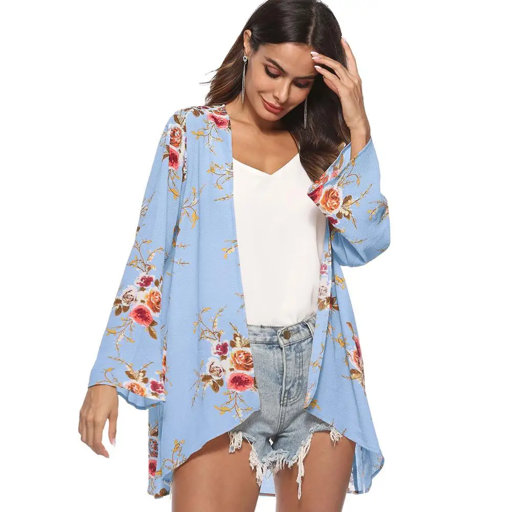 

2018 New Long Floral Chiffon ladies cardigan for woman, Blue;white;orange