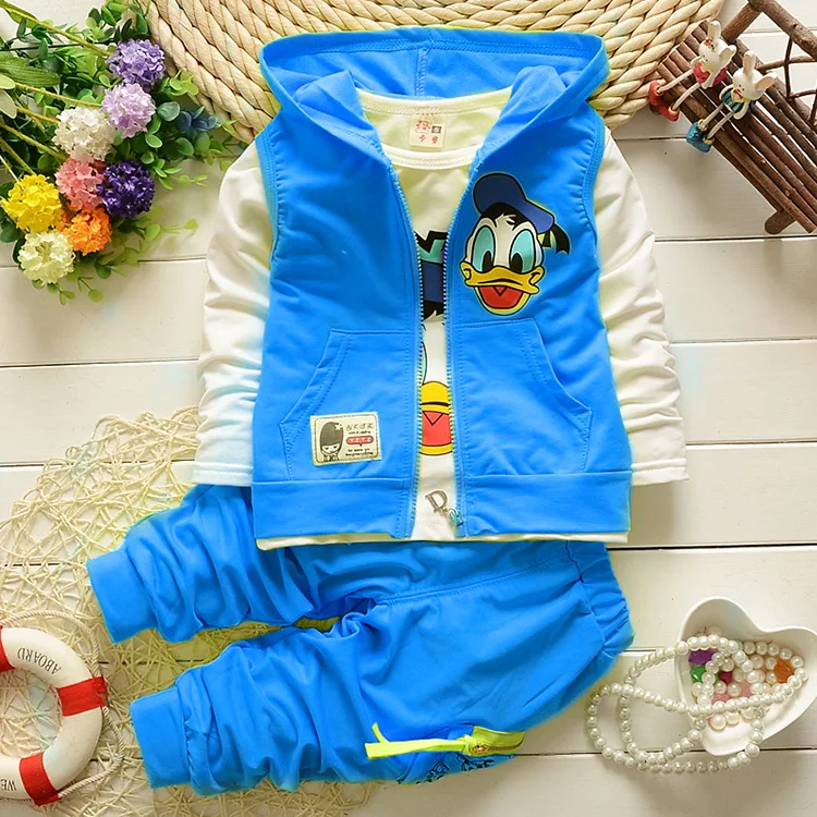

2018 new design 3 pieces Donald Duck suit autumn kids baby clothes gift set newborn, Grey;yellow;green;orange;blue
