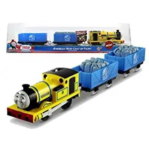 Fisher Price Year 2012 Thomas and Friends Greatest Moments Series 'Blue Mountain Mystery' Trackmaster Motorized Railway Battery Powered Tank Engine 3 Pack Train Set - RHENEAS' NEW COAT OF PAINT with Rheneas Engine, Blue Mountain Quarry Truck with Stone and Blue Mountain Quarry Truck (X0765)