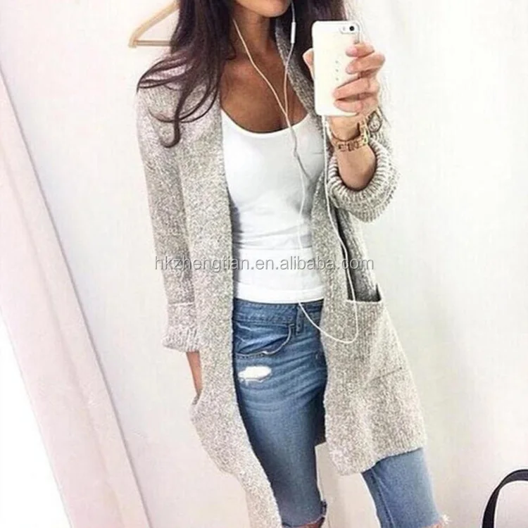 autumn woman clothing Long sleeve pure color big pocket medium style woman cardigan
