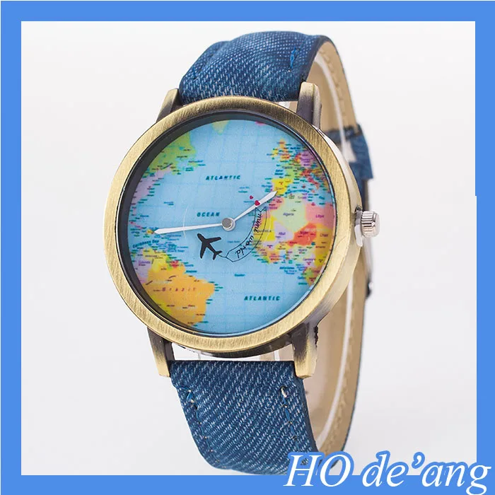 

World Map watch/blue jean watch/world map print watch, White;black;blue