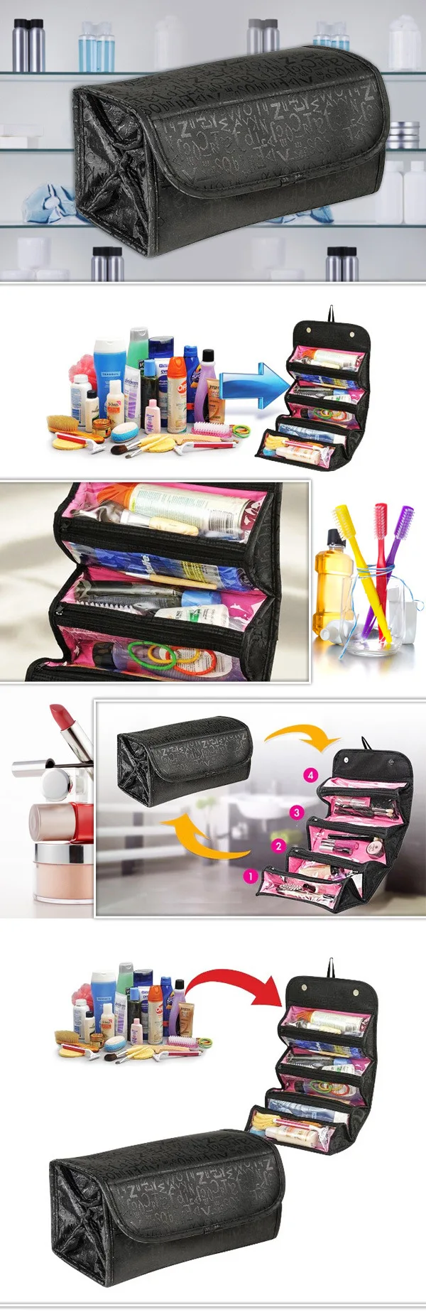 Large Capacity roll up cosmetic bag Storage Roll-N-Go folding hanging toiletry bag travel wash