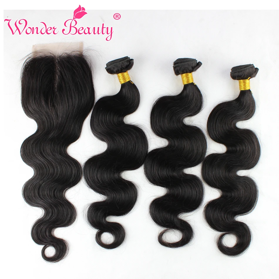 Brazilian Body Wave Hair With Closure 3 Bundles Wonder Beauty Virgin Human Hair With Free Part