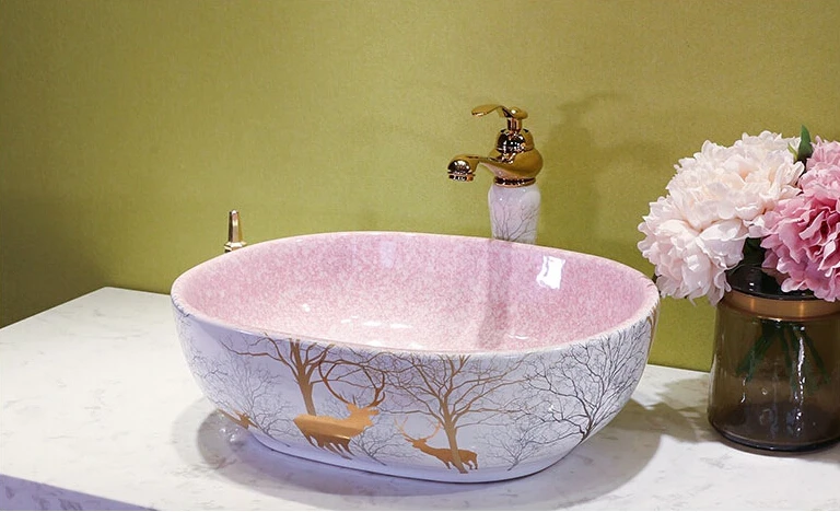 colorful ceramic wash basin printed with elk