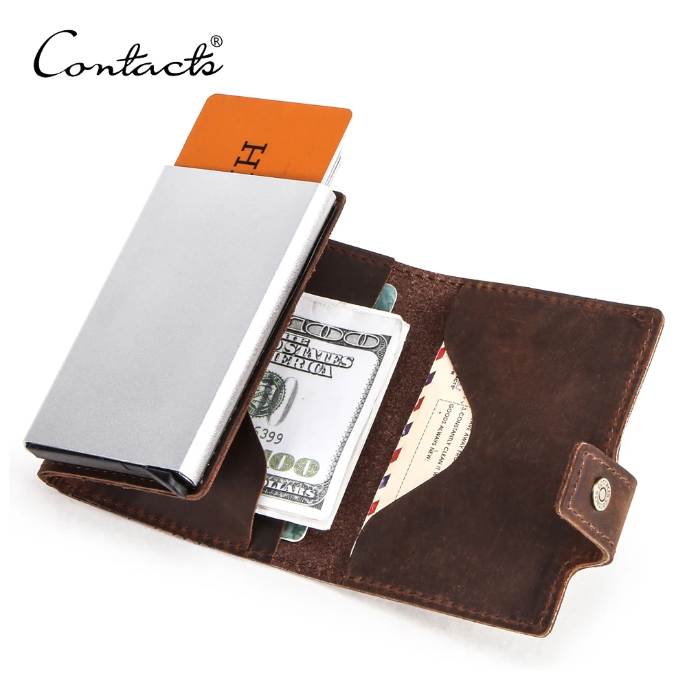 

contact's drop ship crazy horse leather embroidery rifd blocking case aluminum automatic pop up leather credit card holder, Coffee or ustomized