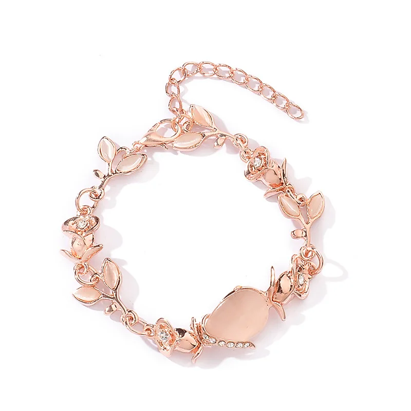 

Korean Creative Women Opal Chain Link Bracelet Trendy Dazzling Simple Leaves Rose Gold Bracelet (KB8202), As picture