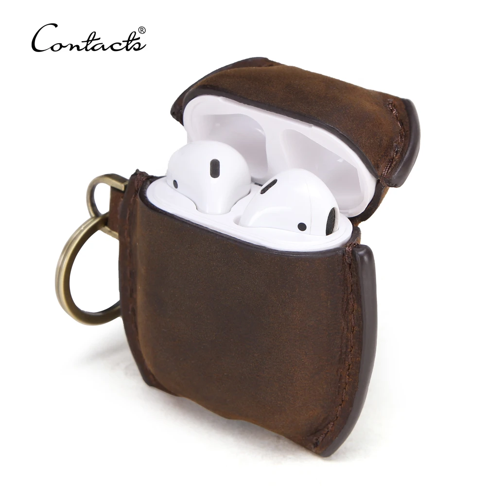 

drop ship contact's crazy horse leather vintage easy carry wireless charging protective headphone leather airpod case, Coffee or customizable