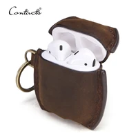 

drop ship contact's crazy horse leather vintage easy carry wireless charging protective headphone leather airpod case