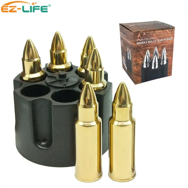 

Amazon top seller 6 PCS/ Set reusable ice cube Gold stainless Steel whiskey stones bullet kit Ice Stone With Ammunition Clip