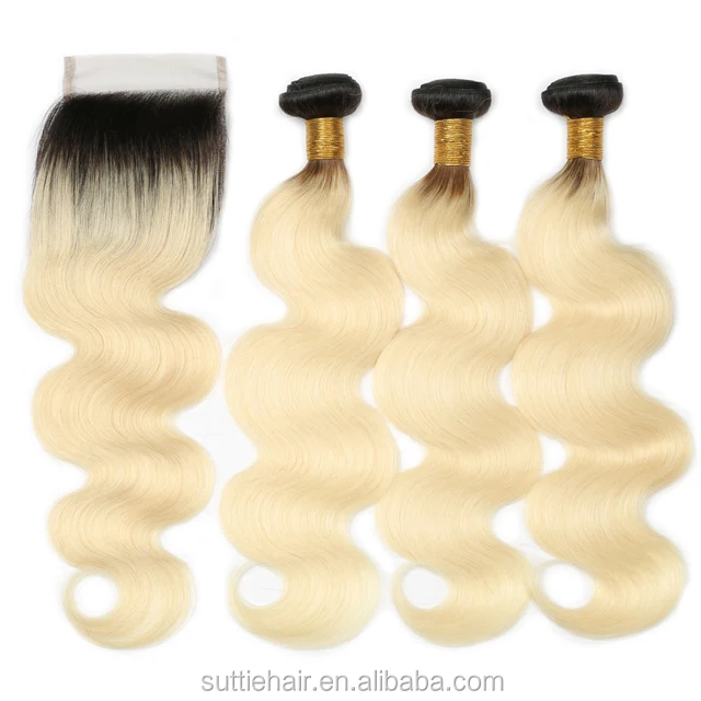 

1B/613 Blonde Body Wave Ombre hair bundles 613 raw virgin hair Extension With Lace Frontal Closure
