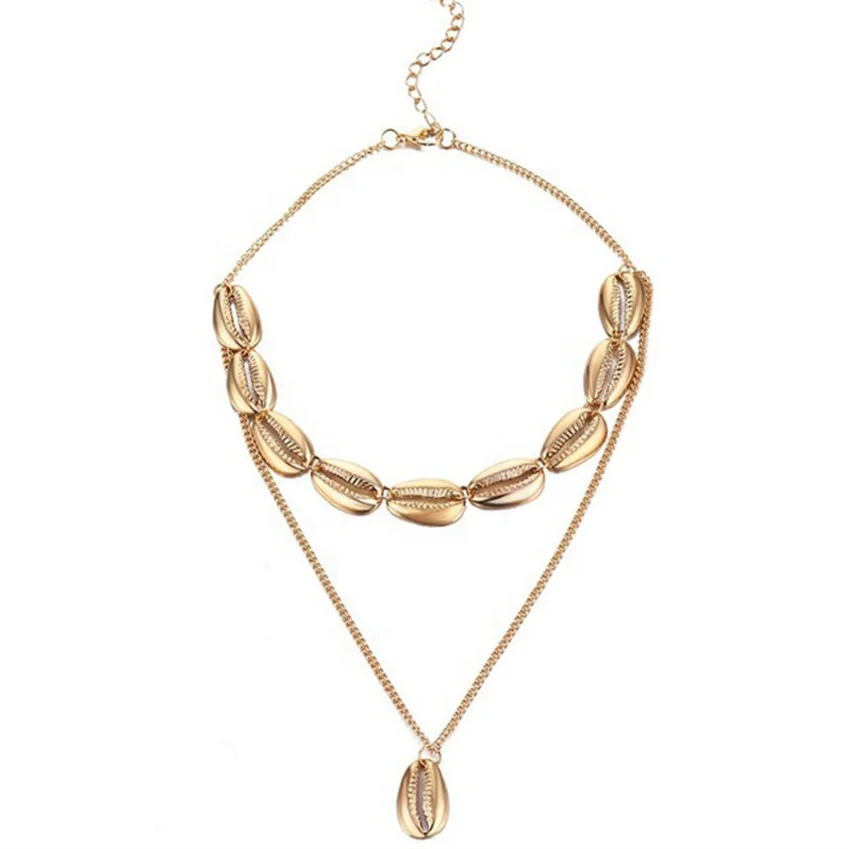 

Gold Silver Color Women Coast Shell Jewelry Choker and long Chain Fan Shell Pendant Double Layer Women Alloy Necklace Sunshine