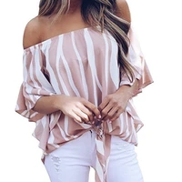 

Hot Sale Striped Off Shoulder Bell Sleeve Shirt Tie Knot Casual Women's Blouses Tops