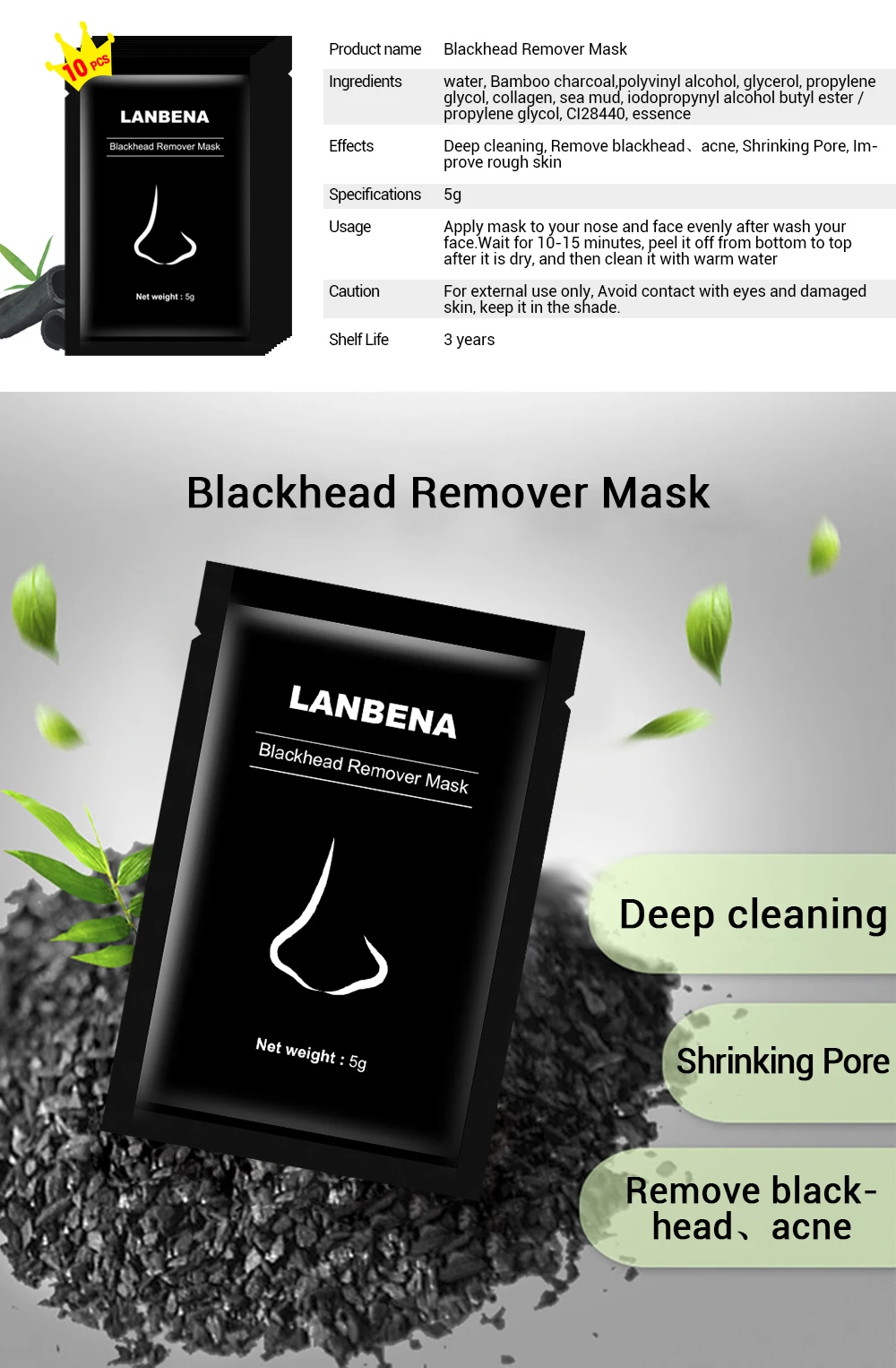 LANBENA Blackhead Remover Nose Masks Acne Treatment Peeling Black Mask Pore Strip Deep Cleaning Peel Mask Skin Care 10PCS
