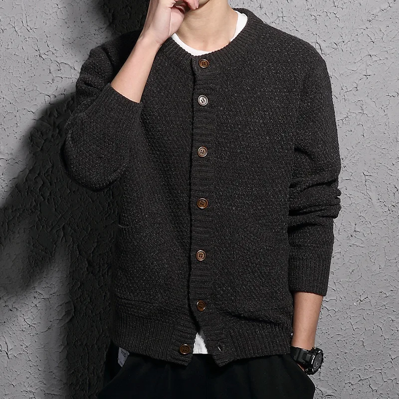 

winter fashionable classic crew neck with button casual men thick cardigan, Black solid