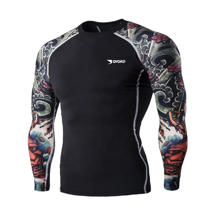 

Custom made sublimation printed lycra fabric mens mma long sleeve rash guard compression shirt, Can follow your pantone color