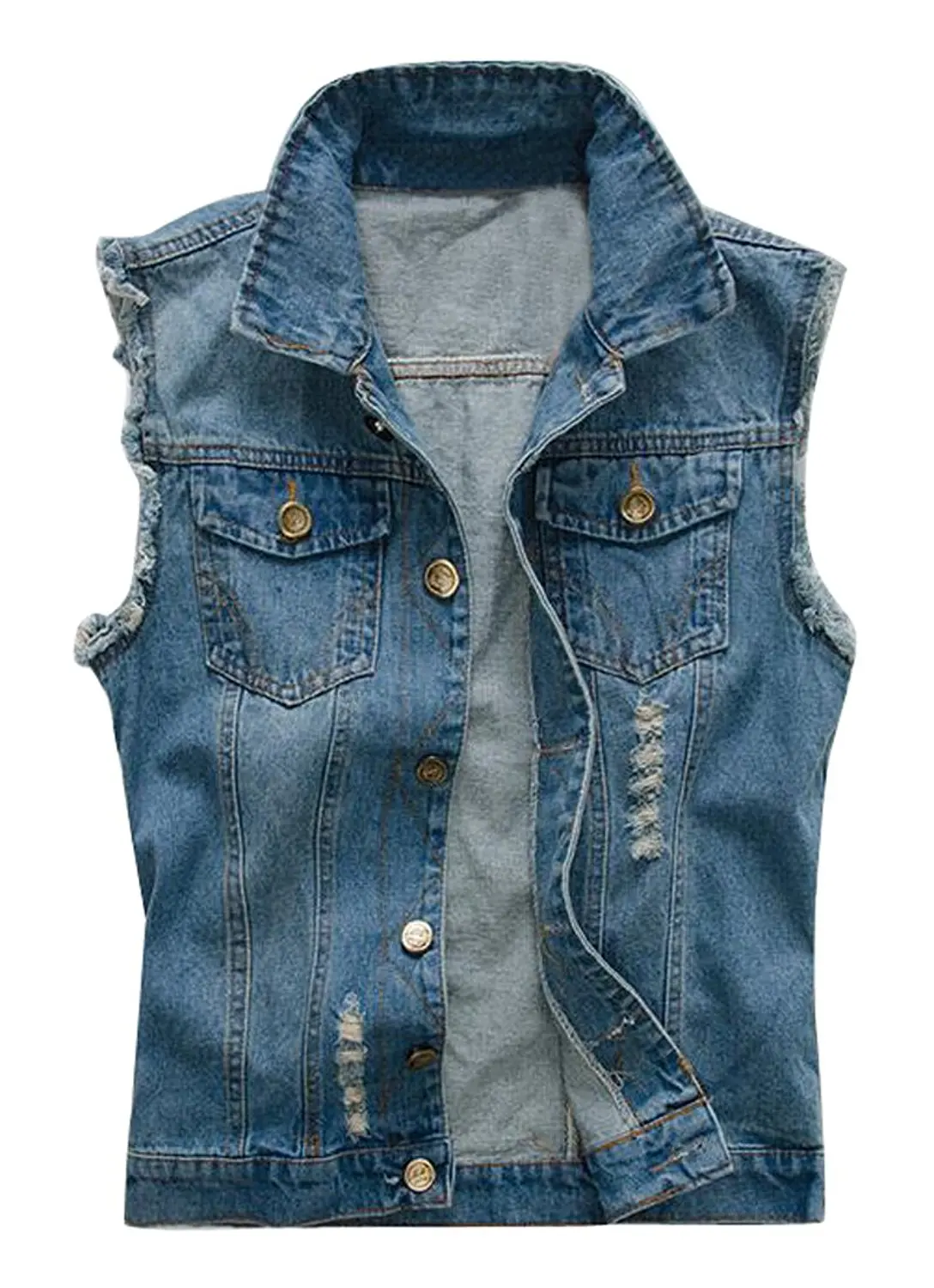 GRMO Men Single Breasted Stylish Hole Sleeveless Pockets Denim Vest Jacket