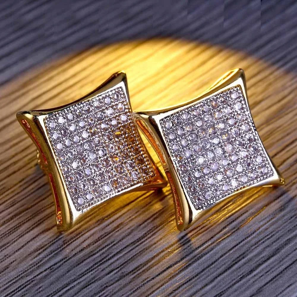 

Explosive Gold Plated Zircon Earring Square Hip Hop Men's Jewelry Earrings