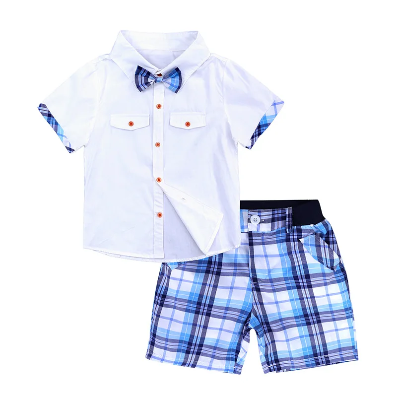 

2018 Kids Boys Clothes Sets Summer Children Clothing Short Sleeves Gentleman Bow Tie Shirts + Plaid Shorts Suits, As picture