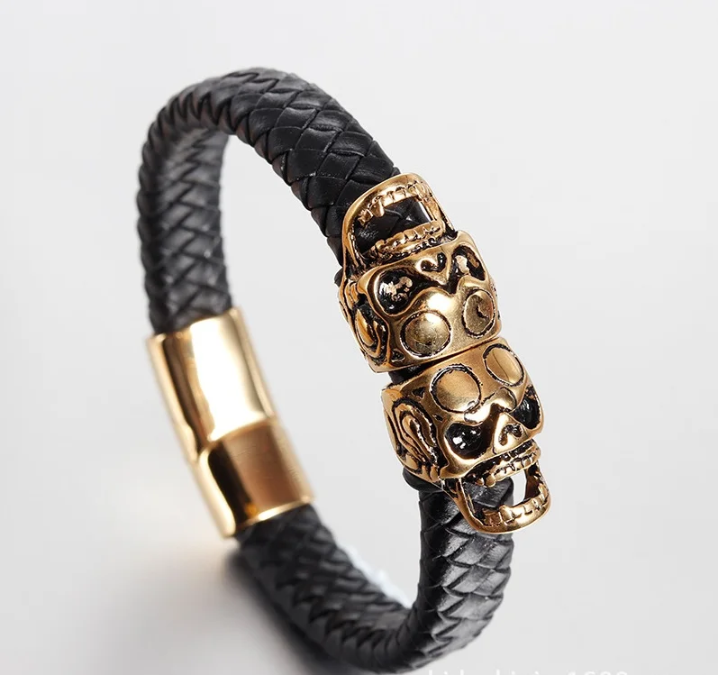 

Fancy 2019 New designs real leather bracelet with stainless steel skull charm for men
