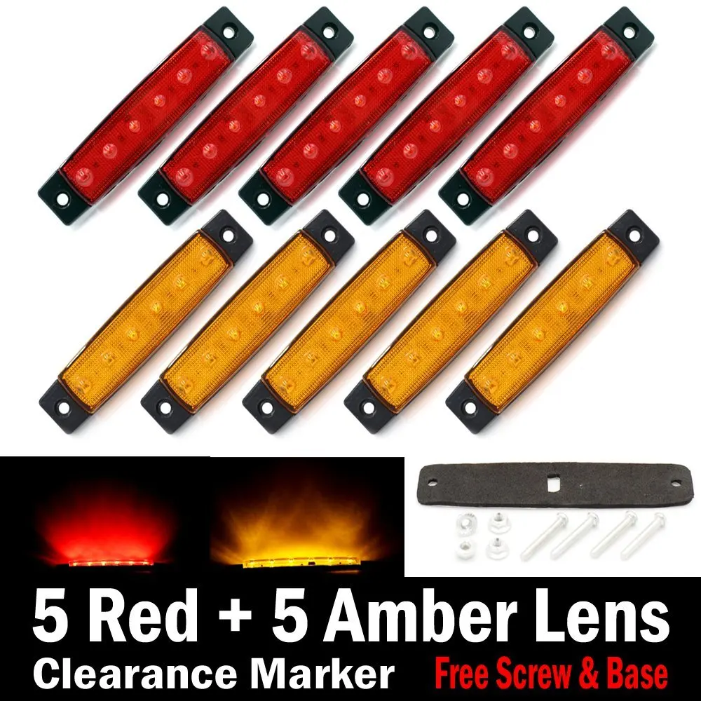 10 pcs TMH® 3.8" 6 LED Red & Amber Side Led Marker ( 5 + 5 ), Trailer marker lights, Led marker lights for trucks, Marker light amber, Rear side marker light, Truck cab marker lights, RV marker light