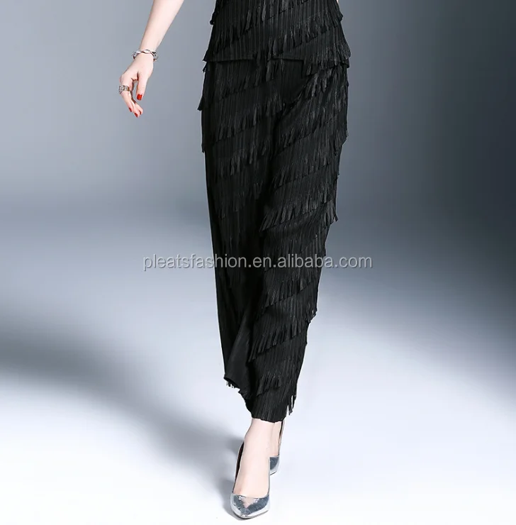 

New fashion korena style alibaba wholesale miyake decorate border twill fring pants