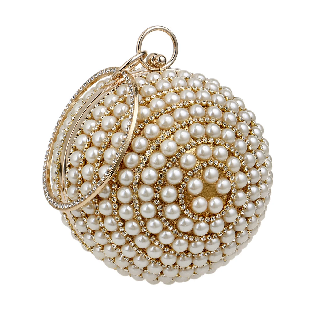 

Women Pearls Round Ball Clutch Handbag Evening Bag with Dazzling Full Rhinestone Ring Handle Purse Wholesale