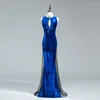 High Neck Sheath Black Tulle Royal Blue Velvet Pearls Ladies' Evening Dress Fashion Women Party Dress