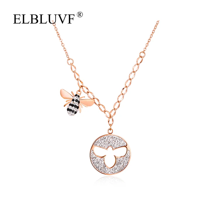 

ELBLUVF Free Shipping Stainless Steel Lovely Bee Pendant Circular Hollow Bee Shape Necklace, Rose gold