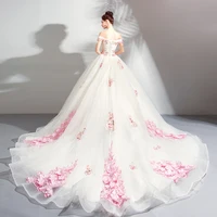 

3D flower Decorating Luxury Long Tail Pearl Beaded Off shoulder Light Champagne Wedding Gown